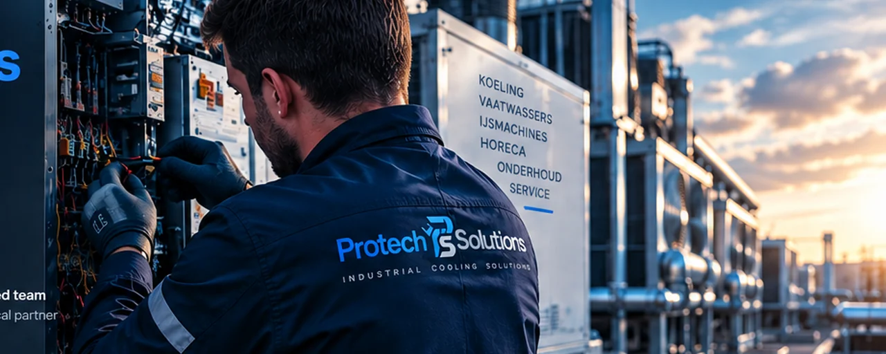Technieker van Protech Solutions aan een industriële koelinstallatie