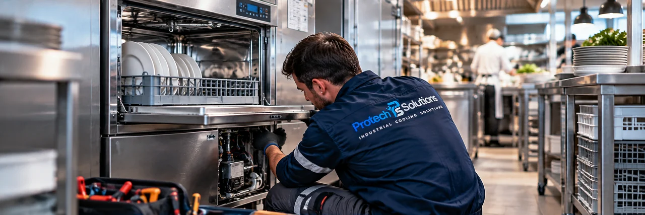 Technieker van Protech Solutions herstelt een professionele vaatwasser in een restaurantkeuken