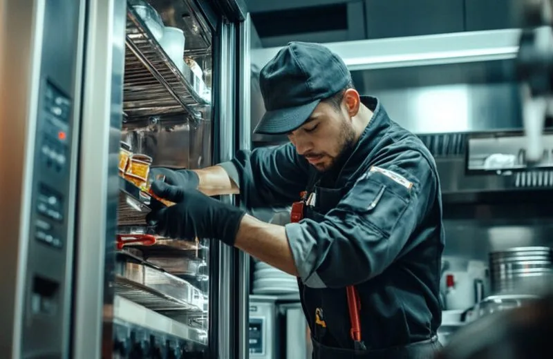 Technieker werkt aan een horeca ijs- of koelvitrine