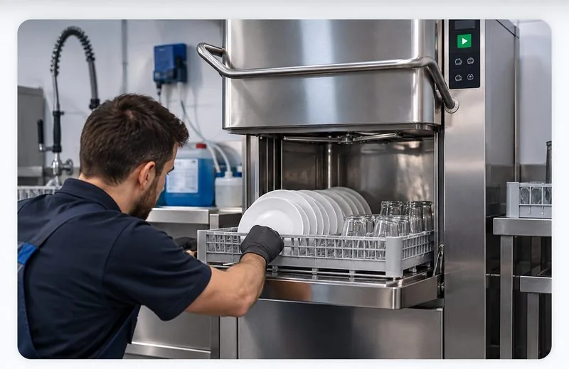 Technieker van Protech Solutions vult professionele vaatwasser