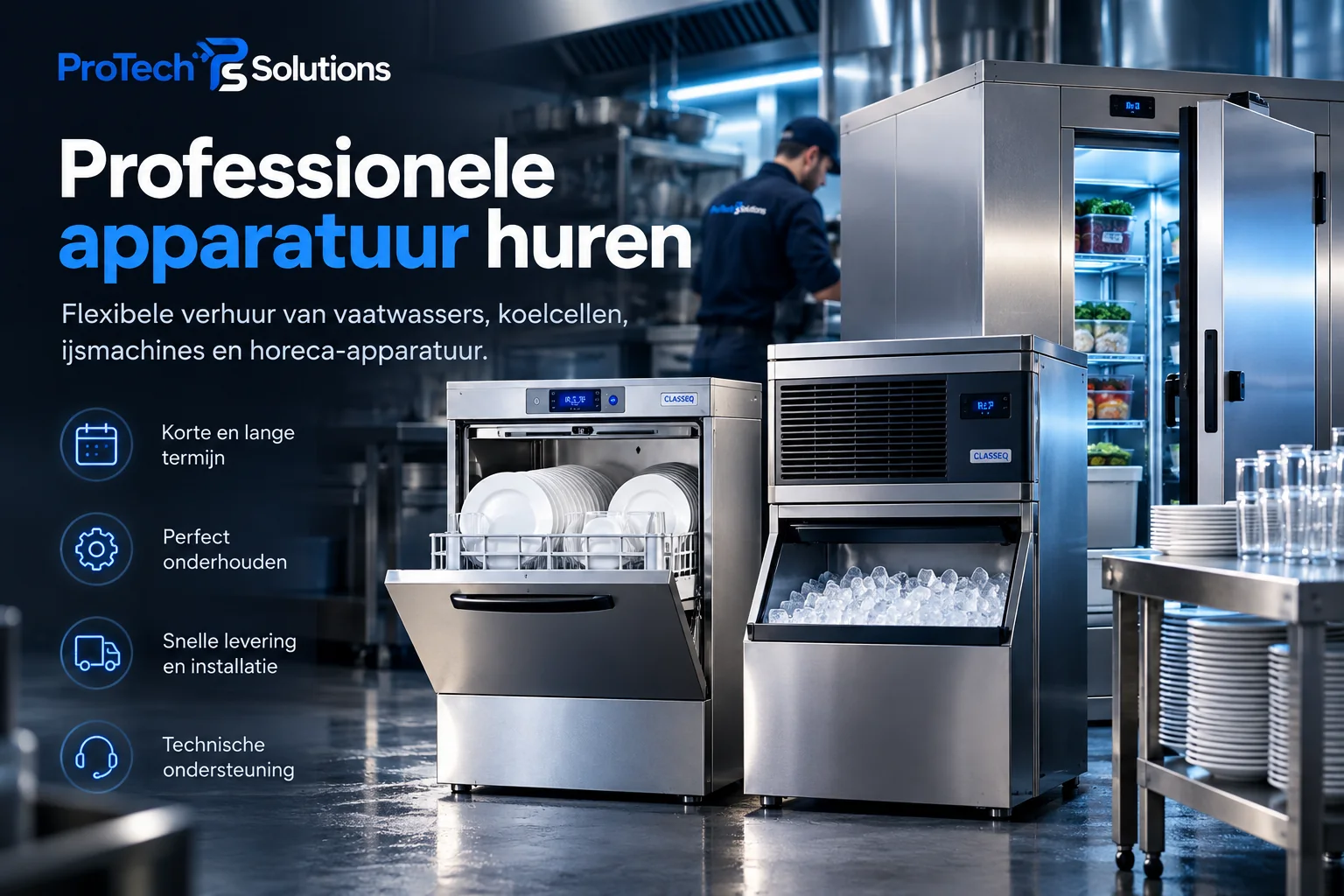 Professionele apparatuur huren: vaatwasser, ijsmachine en koelcel in een horecakeuken