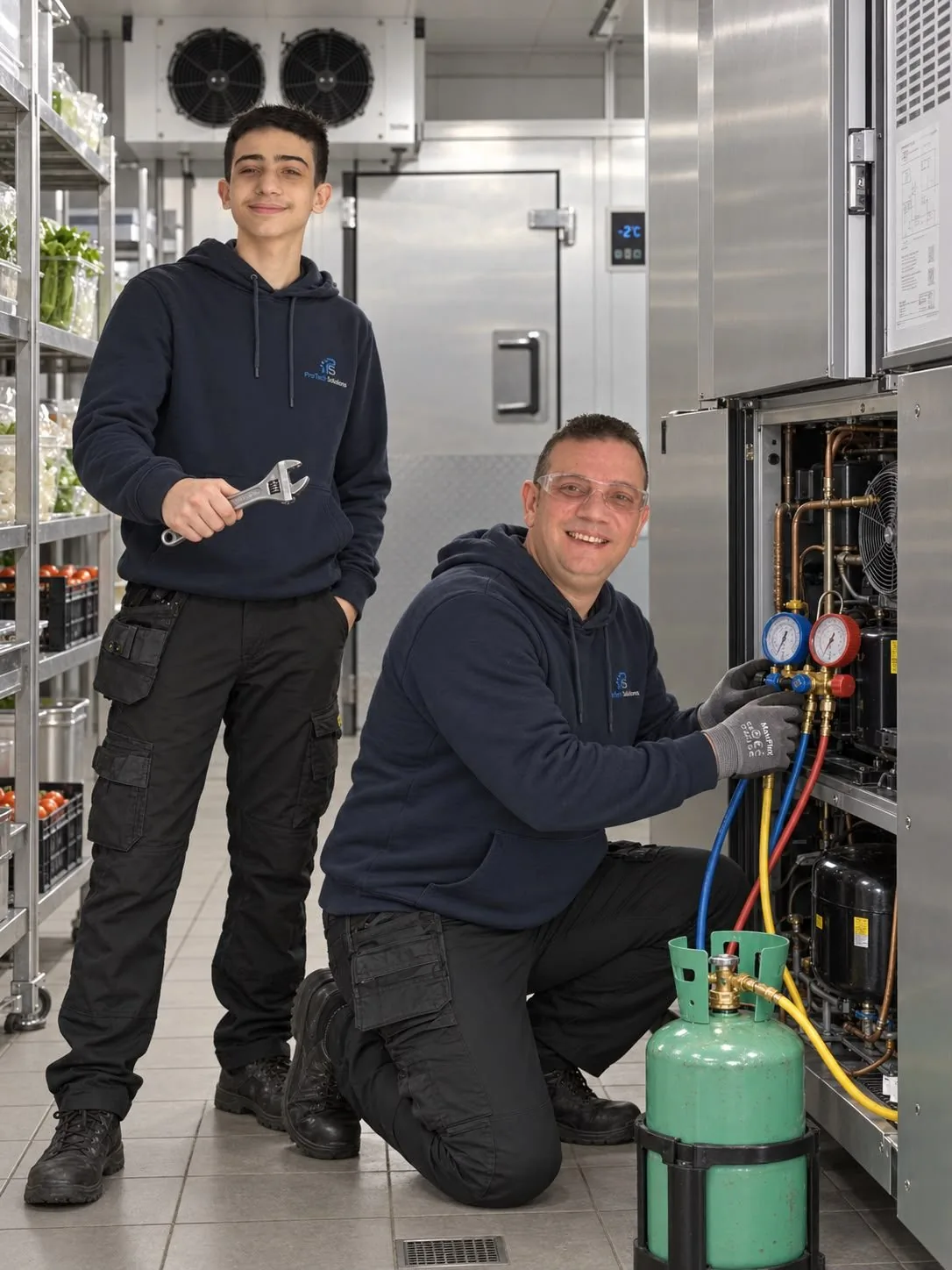 Technieker meet de druk van een koelinstallatie bij een koelcel