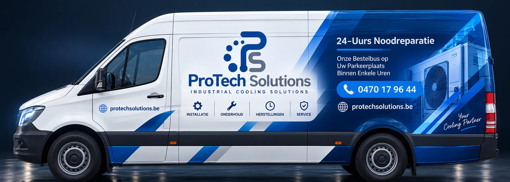 Protech Solutions servicebus met 24-uurs noodreparatie en protechsolutions.be