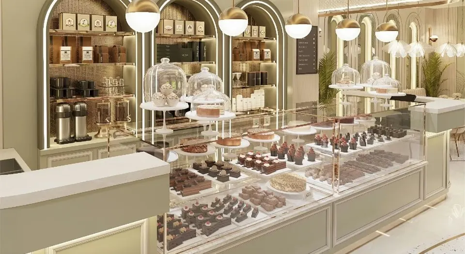 3D-ontwerp van een patisserietoog met vitrine